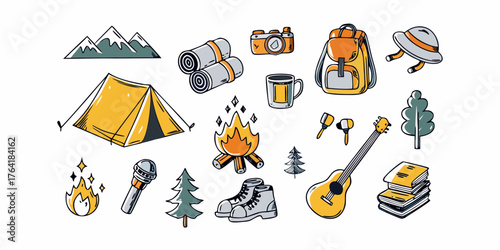 Collection of hand drawn camping and outdoor adventure icons with a playful doodle style