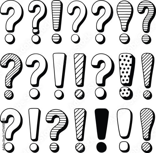 Collection Of Hand Drawn Question And Exclamation Marks With Patterns Keywords: question mark, exclamation mark, punctuation, symbols, signs