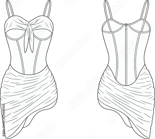 Ruched dress fashion sketch, sweetheart neckline, asymmetrical skirt, lace-up bust detail, front and back view, CAD drawing flat vector illustration