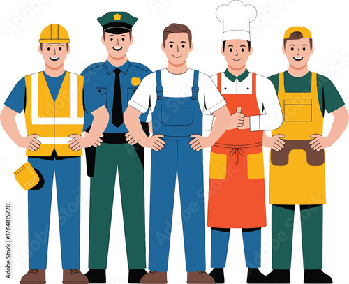 Diverse Group of Five Professionals in Uniforms and Work Attire Keywords: professionals, workers, diverse occupations, construction worker, police