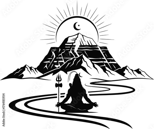 Lord Shiva Meditating at Mount Kailash with Sun and Moon .