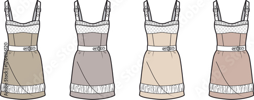Set of technical flat sketches for a women's lingerie-inspired camisole dress with lace details and a belt, presented in various color options for apparel design