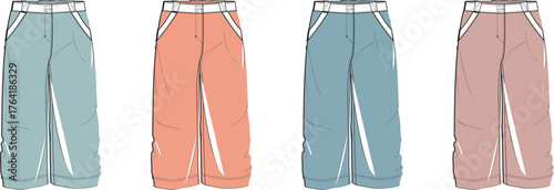 Set of vector fashion flat sketches of winter ski or snowboard pants in four different color options. Technical drawing for apparel design