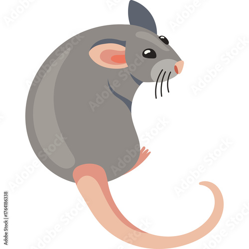 Gray cartoon mouse with pink ears and tail on transparent background isolated vector illustration