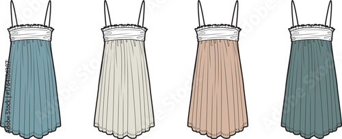 Collection of four delicate women's slip dresses featuring ruffled necklines and pleated skirts in various pastel shades