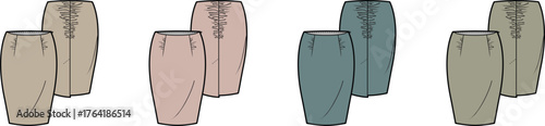 Fashion technical flat sketch template collection of a woman's draped knee-length skirt in various colorways for apparel design