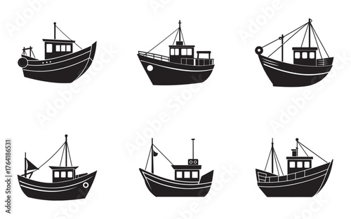 Set of Six Fishing Boats in Black Silhouette Style on White Background Represents Maritime Industry and Nautical Transportation with Various Designs