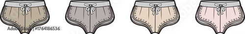 Conceptual illustration of men's comfortable underwear, showcasing a quartet of modern drawstring boxer briefs in various colors for daily comfort and personal style