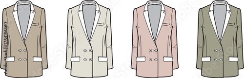 Vector illustration set of a classic women's double-breasted blazer in various color options for fashion design
