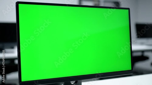 A modern computer monitor with a green screen, in focus, ready for content