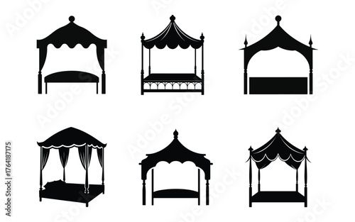 Silhouette Illustration of Six Different Canopy Bed Designs for Interior Decoration and Furniture Styles Vector Design