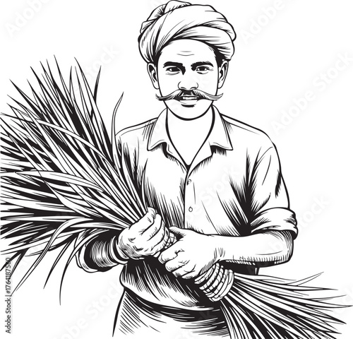 Indian Farmer Holding Harvested Wheat Sheaves with Turban and Mustache agriculture