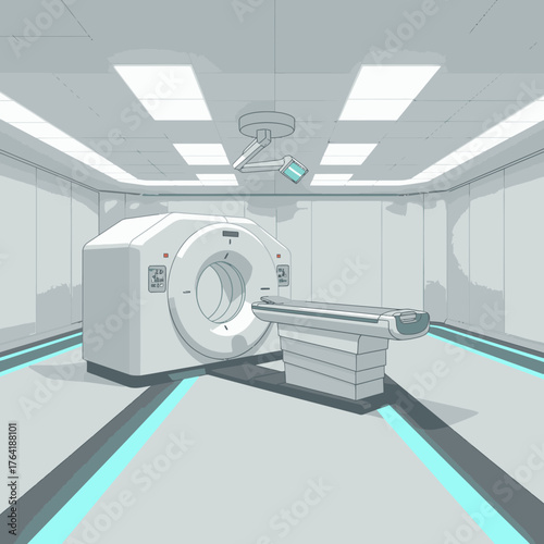 A modern medical imaging suite displays a sophisticated CT scanner and examination table, symbolizing cutting-edge diagnostic technology within a sterile hospital environment.