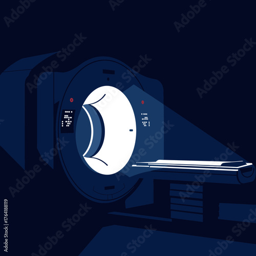 A modern medical imaging scanner, resembling an MRI or CT machine, is brightly illuminated in a dark room, symbolizing advanced diagnostic technology.