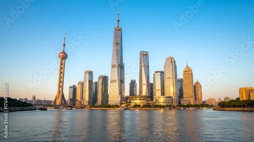 A cityscape featuring a river, modern skyscrapers, a unique tower, boats, and a soft sunset