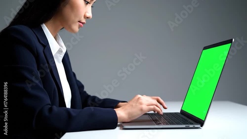 A woman in a navy suit works on a laptop with a green screen on a white table