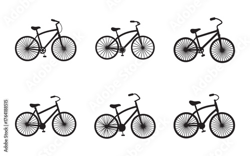 Variety of Bicycle Silhouettes on White Background Offering Creative Design Options and Transportation Concepts for Vector Graphics and Illustrations