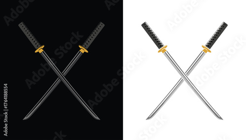 Vector logo image of a samurai sword variation with cool and attractive gold color variations with a black and white background for various design purposes.
