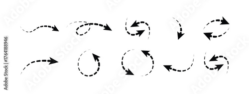 Thick To Thin Dotted Line Arrows. Squiggly dash line arrows doodle set. Curve and Spiral dotted comic directions in sketch style. Vector illustration isolated on white background, vector illustration.