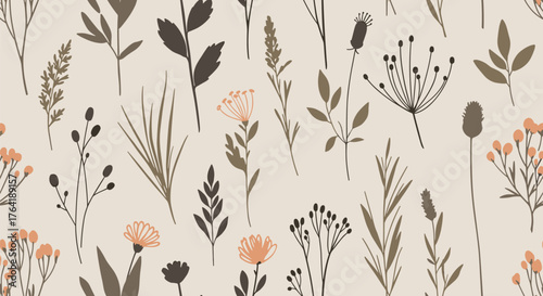 Seamless vector pattern with delicate hand drawn wildflowers and herbs.
