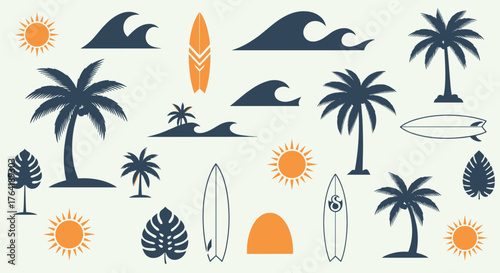 Collection of Tropical Summer Elements with Palm Trees and Surfboards.