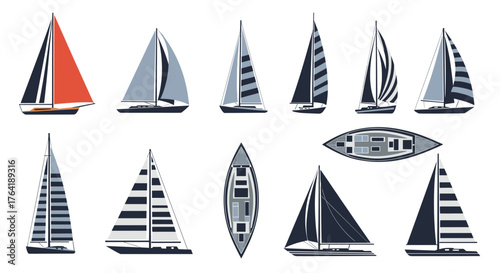 Collection of Sailboats with Various Sail Designs and Hull Shapes.