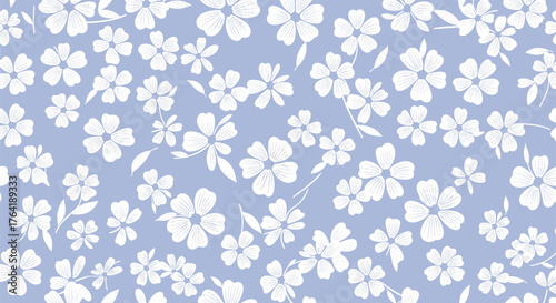 Floral Pattern with White Flowers on Light Purple Background.