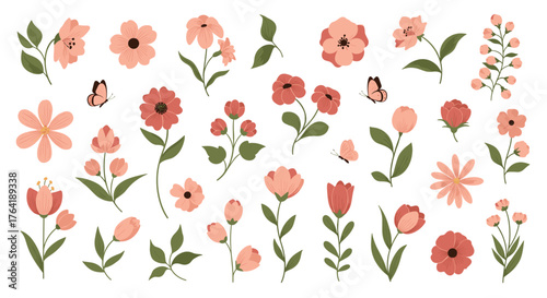 A beautiful collection of various blooming flowers and delicate butterflies.