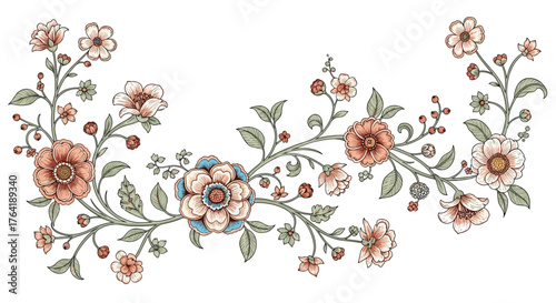 Elegant Floral Branch with Delicate Blossoms and Leaves.