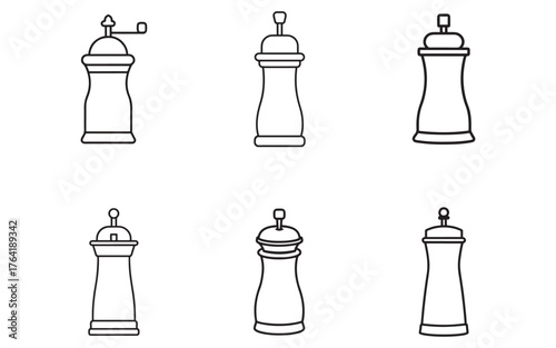 Variety of Pepper Mill and Salt Shaker Designs on White Background Kitchenware and Culinary Concept Minimalist Line Art