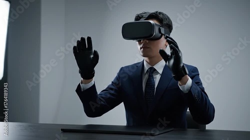 A man in a suit wearing a VR headset and black gloves gestures in a futuristic environment