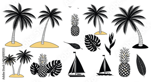 Tropical Island Vacation Elements with Palm Trees and Pineapples.