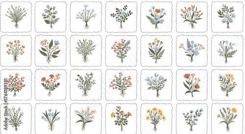 Collection of various floral bouquets in square frames, botanical illustrations.