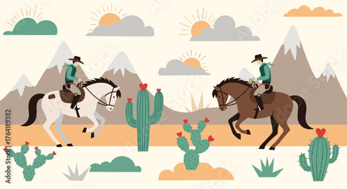 Two cowboys riding horses in a desert landscape.