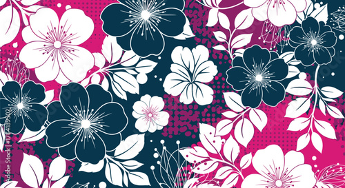 Beautiful stylized graphic flowers and leaves pattern illustration.