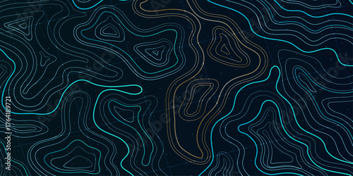 Dark futuristic topographic map with glowing cyan and gold contour lines. Topographic contour line map background. Topographic lines background.