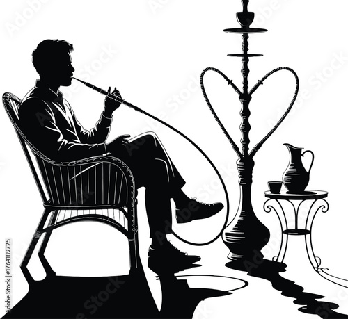 Silhouette of Man Smoking Hookah in a Chair with a Table and Pitcher Keywords: man, silhouette, smoking, hookah, shisha, pipe, waterpipe, chair