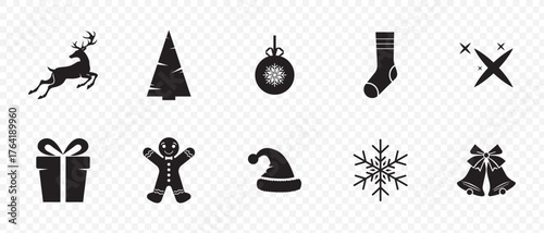 Holiday and christmas flat icon set. celebration, festive symbols, holiday decor icons