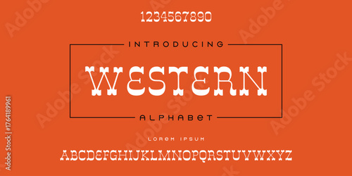 Western varsity sport font alphabet, classic cowboy college typeface for baseball, football, and basketball logo, athletic department typography and t-shirt design.