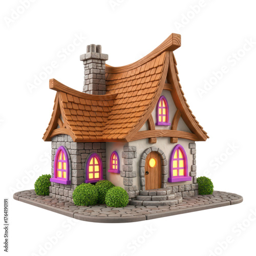 Cute cartoon house isolated on transparent background with a fantasy style