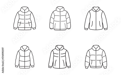 Winter Coat Outline Collection Stylish Puffer Jackets Vector Illustration Fashion Apparel Design Ideas Modern Clothing Templates Different Jacket Styles Minimalist Garment Sketches