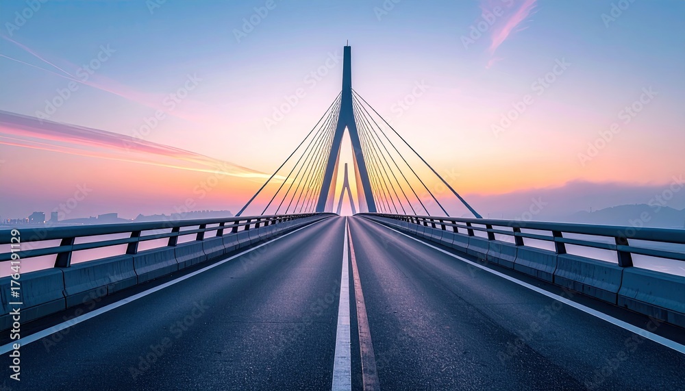 Obraz premium Modern suspension bridge stretching across a body of water at sunrise with warm glowing sky and distant city skyline silhouette.