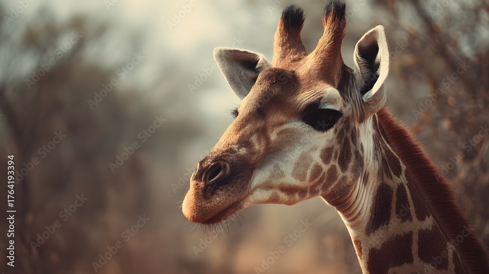 Obraz premium Close up profile portrait captures the majestic head and neck of a wild giraffe in natural light
