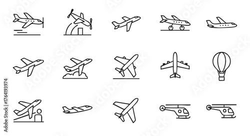 Set of airplane icons in black and white line art style