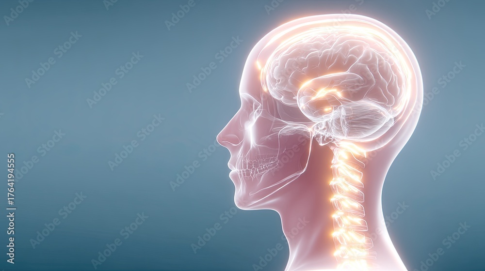Obraz premium Anatomical Illustration of Human Brain and Spine with Glowing Neural Pathways in a Minimalist Style