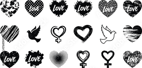 Vector art of collection of black and white heart icons with the word love and symbols of peace and femininity