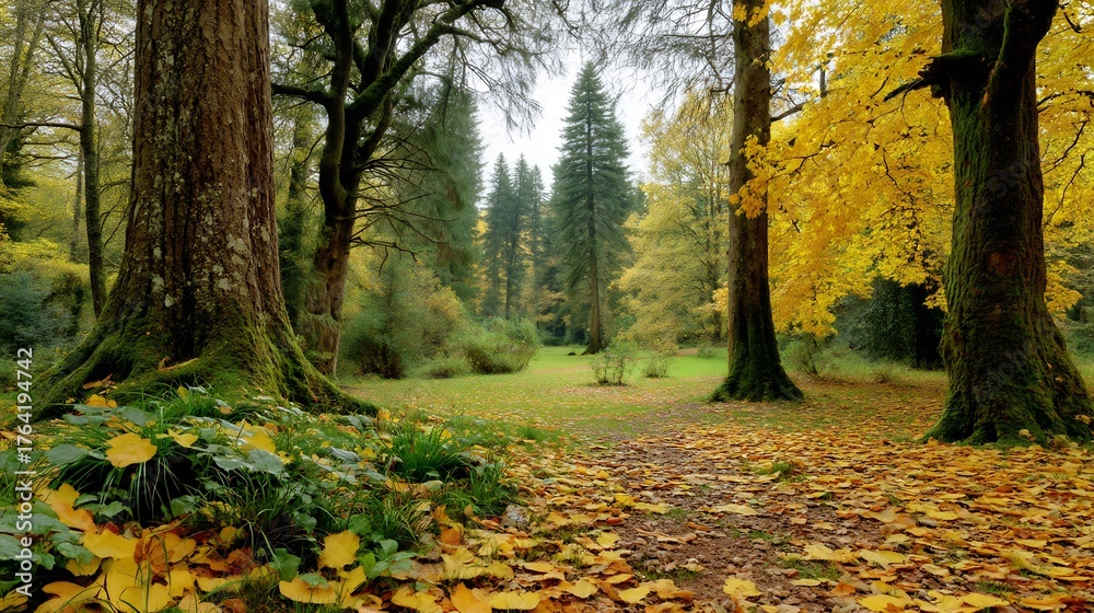 Obraz premium Autumnal Forest Floor with Golden Leaves and Evergreen Trees, a Serene Woodland Scene in Soft Light