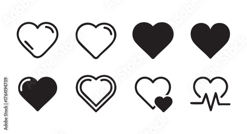 Set of simple black hearts vector icon in various styles