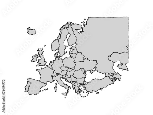 Europe political map with outline hand drawn sketch and grey fill, country border. Isolated on white background.