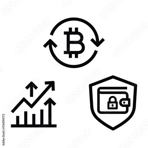 Crypto Trading Icon Set Bitcoin Chart Secure Wallet Outline